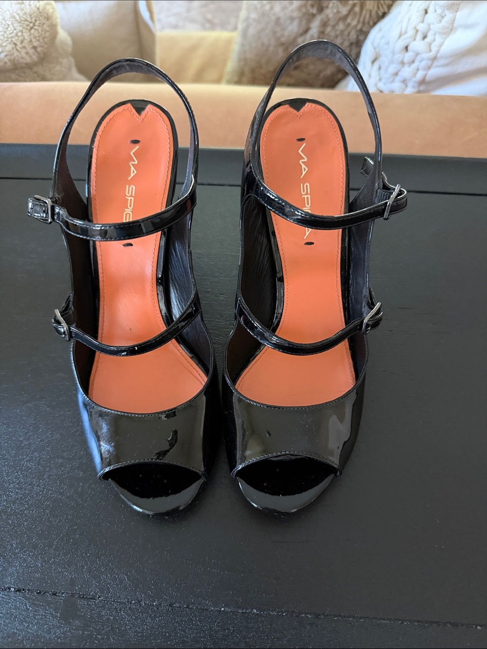 Via Spiga Black Patent Peep-Toe Slingback Heels